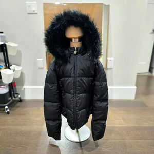 Kids Medium Furry Hooded Winter Puffer Jacket in Black with Pink Interior